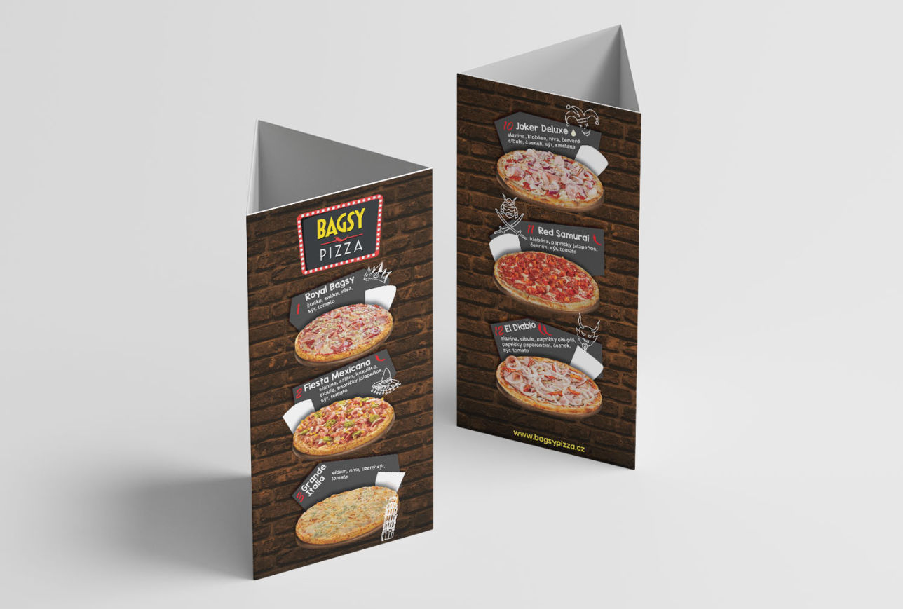 Bagsy pizza menu stojánek hranol grafika